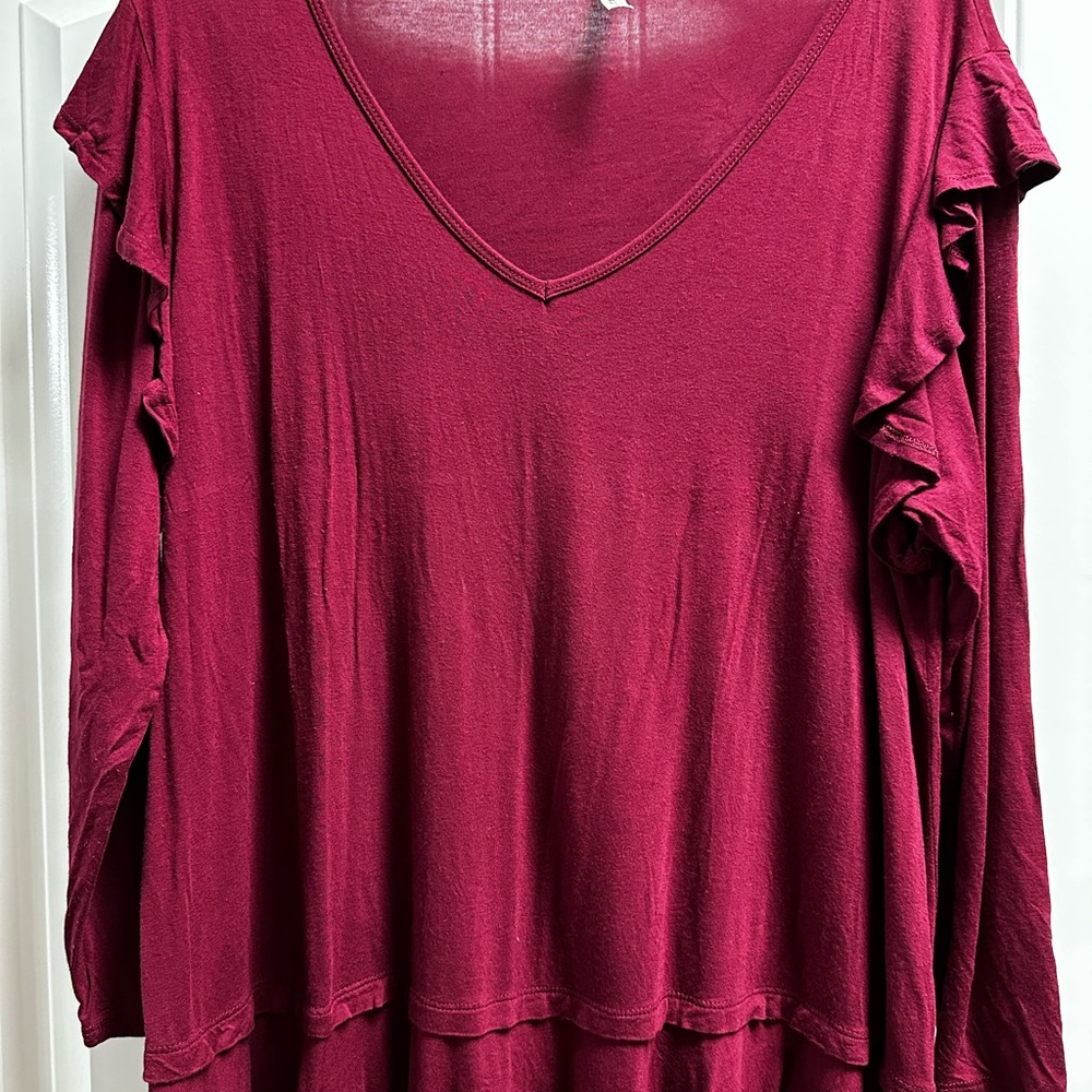 Wine color Long Sleeve V-Neck Top 1x